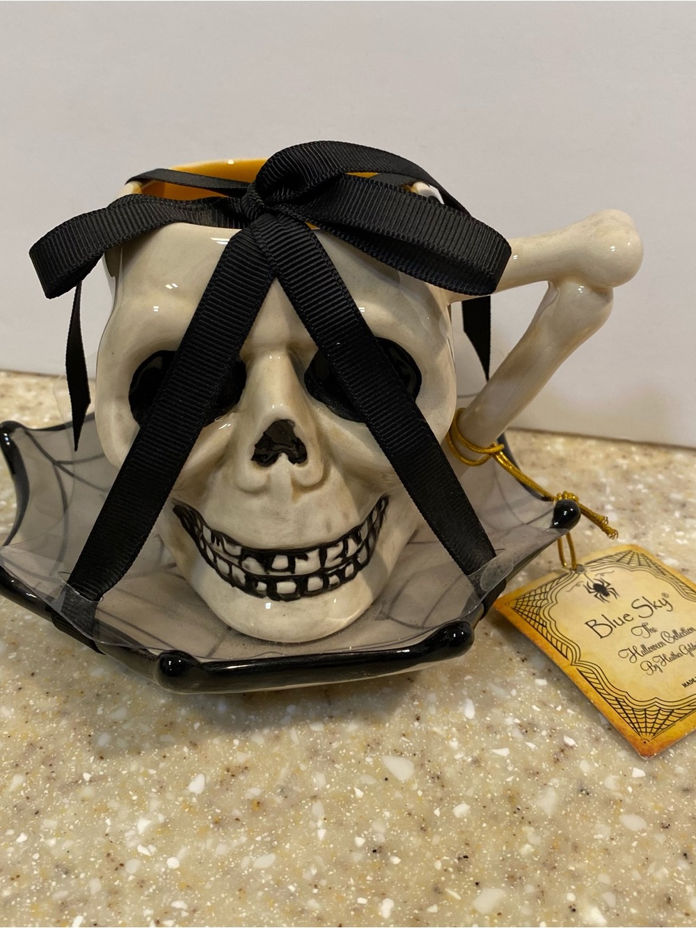 Blue Sky Cream and Black Skull Candy Dish with Bow